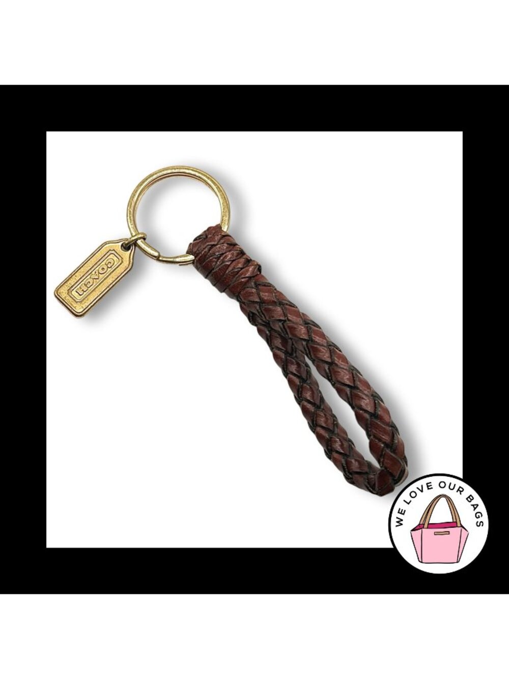 VINTAGE COACH Braided Brown Leather Strap KeyFob Bag Charm Keychain HangTag 7204